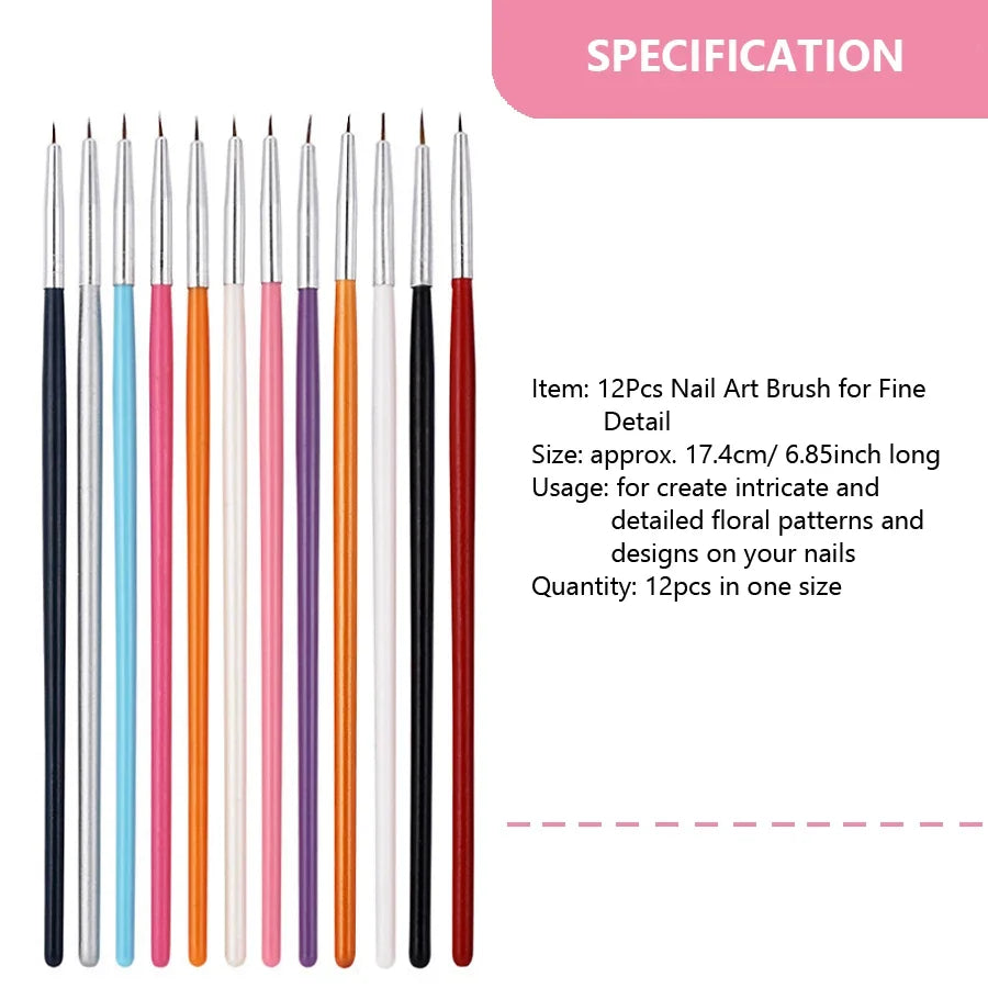 12pcs Nail Art Brush Set with Fine Liner Tips Professional Grade for Perfect Manicure Home Use Painting Tools Kit